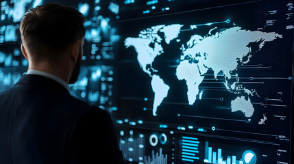 A man analyzes global data on a large digital screen displaying world maps, charts, and analytics in a dark, high-tech environment.