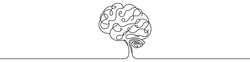 Black brain in single line art style. Editable minimalist brain drawing on white background. Vector illustration.