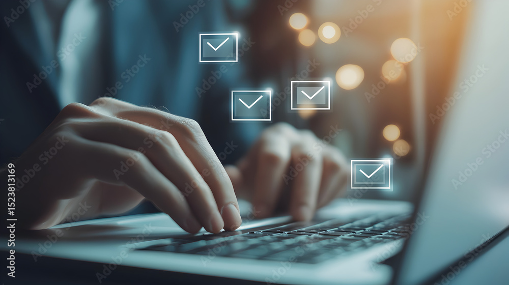 Poster a person's hands typing on a laptop keyboard with digital checkmarks floating above, symbolizing tas