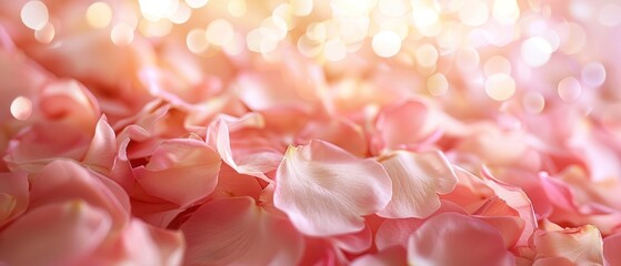 Pink flower petals arranged random glowing light glitter wallpaper macro shot dreamy romantic abstract.