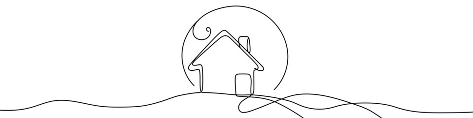 Black house under moon in single line art style. Editable minimalist house drawing on white background. Vector illustration.