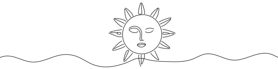 Black sun with face in single line art style. Editable minimalist sun drawing on white background. Vector illustration.