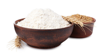 Wheat flour, grains and spikes on white background