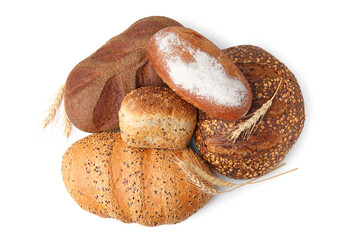 Fresh bread loaves and spikes isolated on white, top view