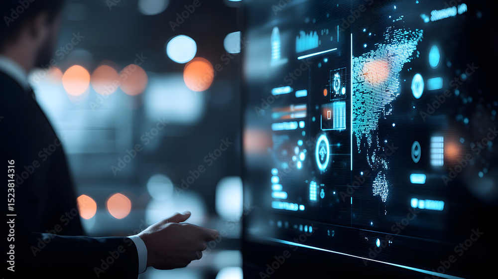 Poster a man interacts with a futuristic digital touchscreen displaying data analytics, maps, and statistic