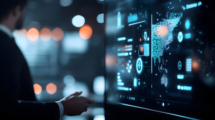 A man interacts with a futuristic digital touchscreen displaying data analytics, maps, and statistics in a high-tech office environment.
