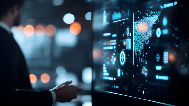 A man interacts with a futuristic digital touchscreen displaying data analytics, maps, and statistics in a high-tech office environment.
