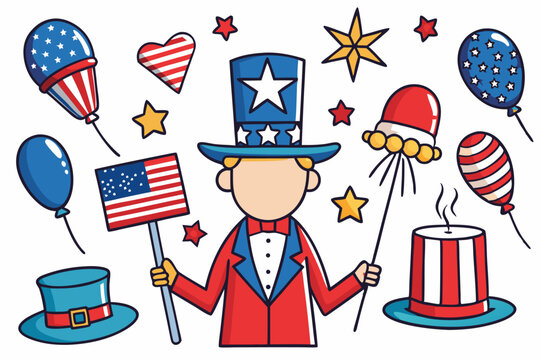 Set of USA celebration national symbols by the Fourth of July. Ideal for American Independence Day designs, party invitations, banners, and patriotic-themed graphics.Stickers.Vector illustration