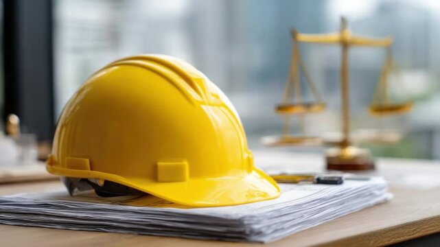 Construction Helmet on Documents: A close-up shot of a bright yellow construction helmet resting on top of a stack of blueprints and legal documents, with a subtle scale of justice in the background.