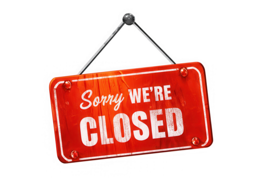 Sorry we are closed sign hanging isolated on transparent background