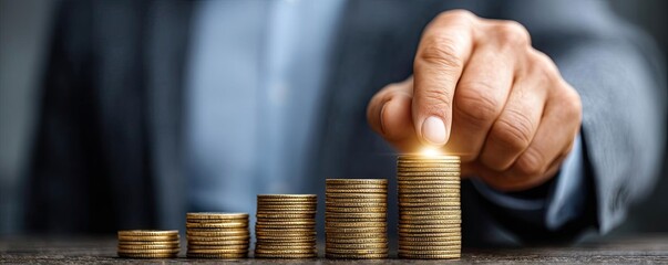 Retire smart investments insurance with safe income concept. Close-up of a hand stacking coins, symbolizing financial growth.