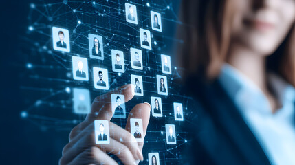 A businesswoman interacts with a digital interface displaying networked profile photos, symbolizing online connections and networking.