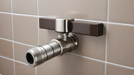 Washing machine ball valve for water supply to the washing machine in the bathroom. Washing machine siphon stainless steel on the wall. Light brown and dark brown tiles in the bathroom.