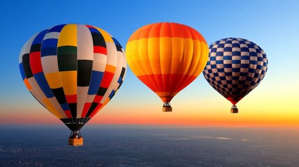 Fototapeta premium Three colorful hot air balloons float above the landscape at sunset with a clear blue sky