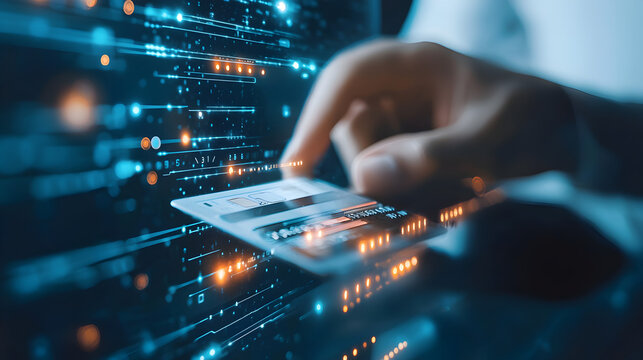 A person uses a credit card amid glowing digital lines, symbolizing online payments and modern financial technology.