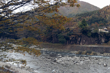 Sho River in Shirakawa-Go Japan flowing through rocky banks and forested hills captured in muted autumn tones with vintage photographic atmosphere