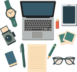 Workspace setup featuring laptop camera smartphone notebook pen glasses and watch creating productive and organized atmosphere