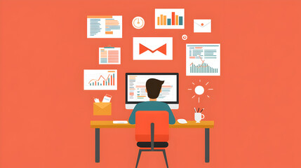 A person works at a desk with charts, graphs, and documents on the wall, symbolizing data analysis and productivity in a modern office setting.