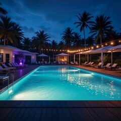 Fototapeta premium Swimming pool with palm trees at night in luxury hotel resort.