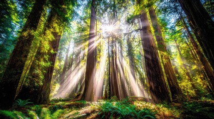 Majestic redwood forest with towering straight-trunked trees and dramatic sunlight rays filtering through the dense canopy, illuminating lush green ferns and vibrant undergrowth on the serene forest f