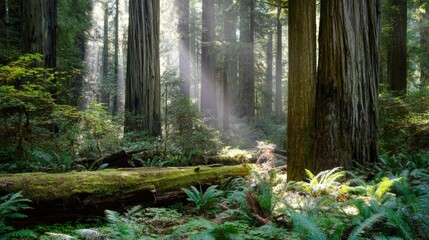 Majestic and serene forest dominated by towering redwood trees with rough, dark-brown bark, sunlight filtering through dense canopy creating dramatic rays piercing misty air. Lush green ferns and low-