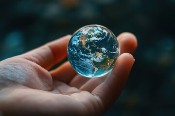 Fototapeta premium A hand holds a glass globe depicting Earth. The globe shows continents and oceans clearly. The background is blurred, emphasizing the globe's details.