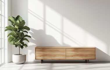 White modern interior with a wooden cabinet and window, a white wall background