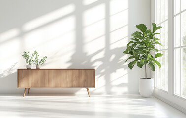 White, empty room interior with a wooden sideboard and window