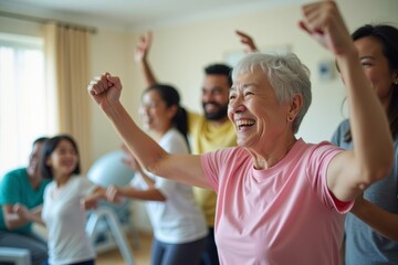 Elderly Asian Woman Engages in Strength Training at Nursing Home