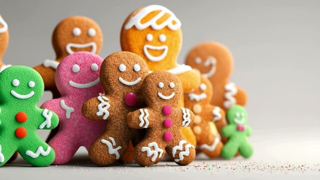 Tasty gingerbread cookies on white background. Happy smiling gingerbread man cookies Christmas Holiday animation moving in a row. Festive baking tradition playful 4k video. Merry Christmas