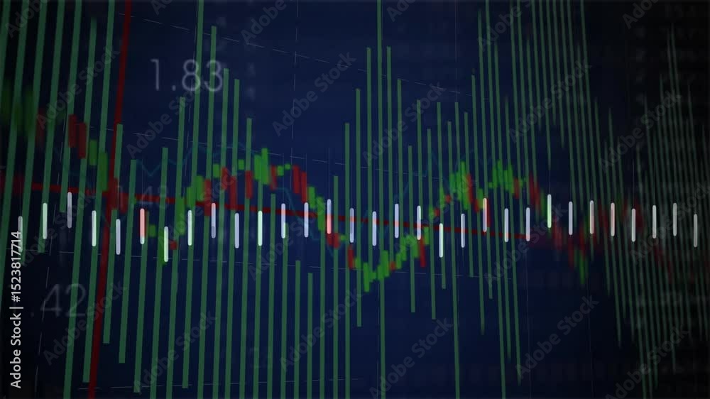 Poster opening grid initiating red-green bars shifting while white ticks pulsing and waveform showing data