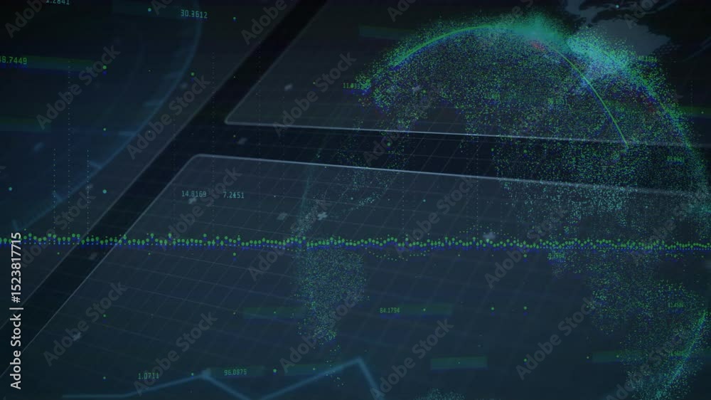Poster after delay labels appearing and pixels forming rotating globe, waveform pulsing visualizing data