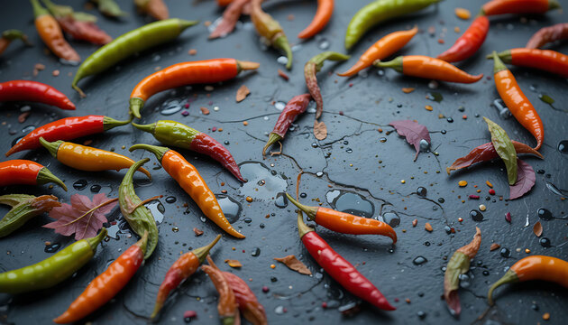 Colorful mix of red, green, and orange bird&rsquo;s eye chilies pappers