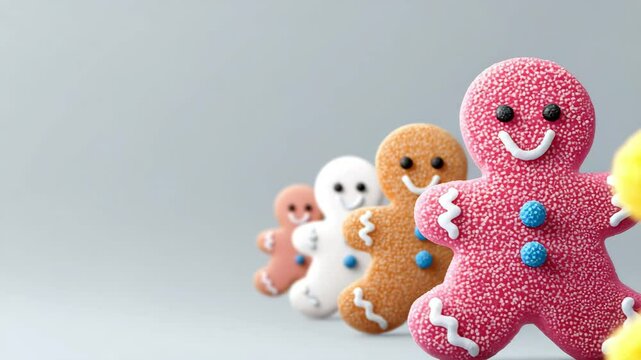 Tasty gingerbread cookies on white background. Happy smiling gingerbread man cookies Christmas Holiday animation moving in a row. Festive baking tradition playful 4k video. Merry Christmas