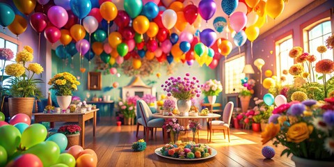 Celebrate with a whimsical tilt-shift party: miniature balloons, flowers, and festive decor.