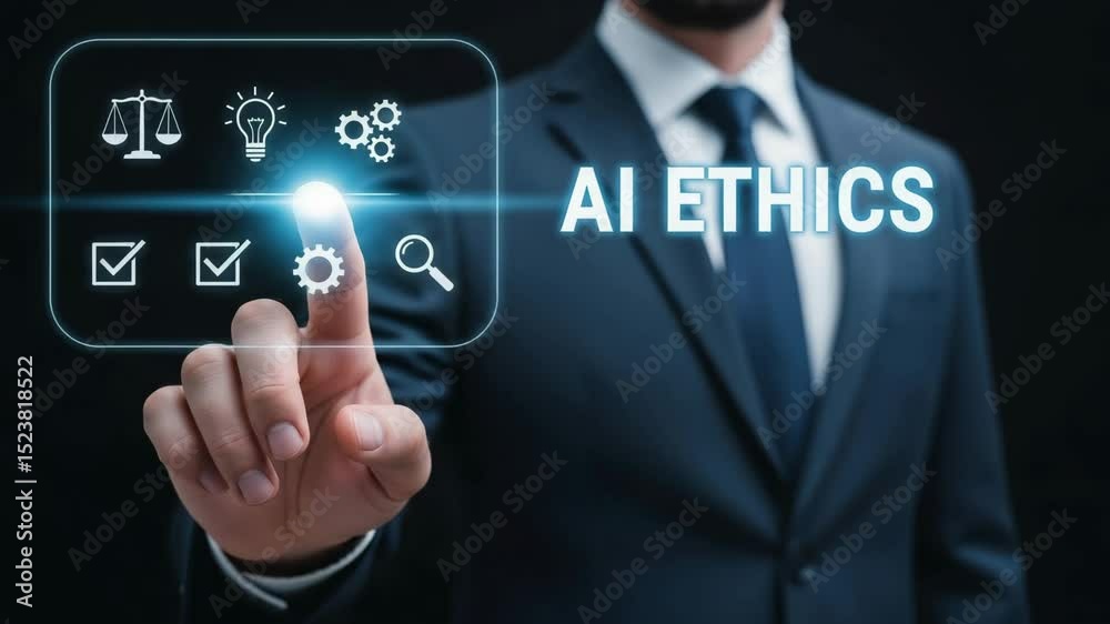 Poster A man in a suit touching a digital screen with ai ethics text and various icons displayed on it