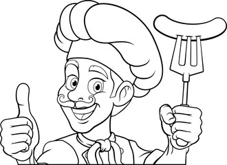 Chef Hotdog Sausage Cook Menu Sign Cartoon Mascot