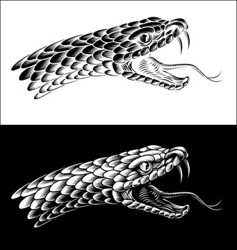 Snake Head Woodcut Vintage Etched Woodcut Style