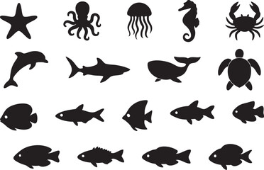 Silhouette vector collection of ocean creatures. Includes fish, whale, jellyfish, starfish, and marine life in simple black shapes for nautical or underwater themes.