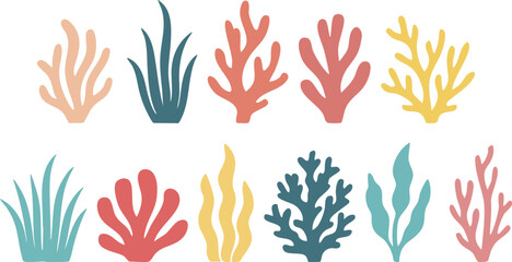 Ocean coral vector collection. Includes hand-drawn underwater coral illustrations in organic shapes for marine design, posters, or educational materials.