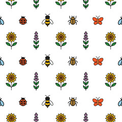 Seamless garden pattern with playful vector illustrations of flowers, insects, and plants. Whimsical nature theme for textile, wallpaper, and packaging design.