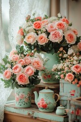 Beautiful floral arrangement in a decorative vase. AI.