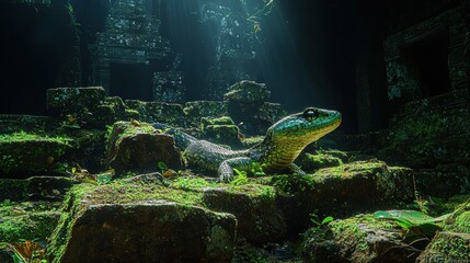 Golden snake in a jungle setting. AI.