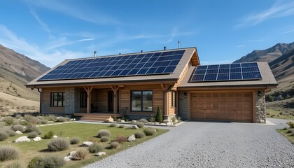Naklejka premium Modern house with solar panels in mountain environment on sunny day