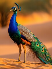 Beautiful peacock in the desert. AI.