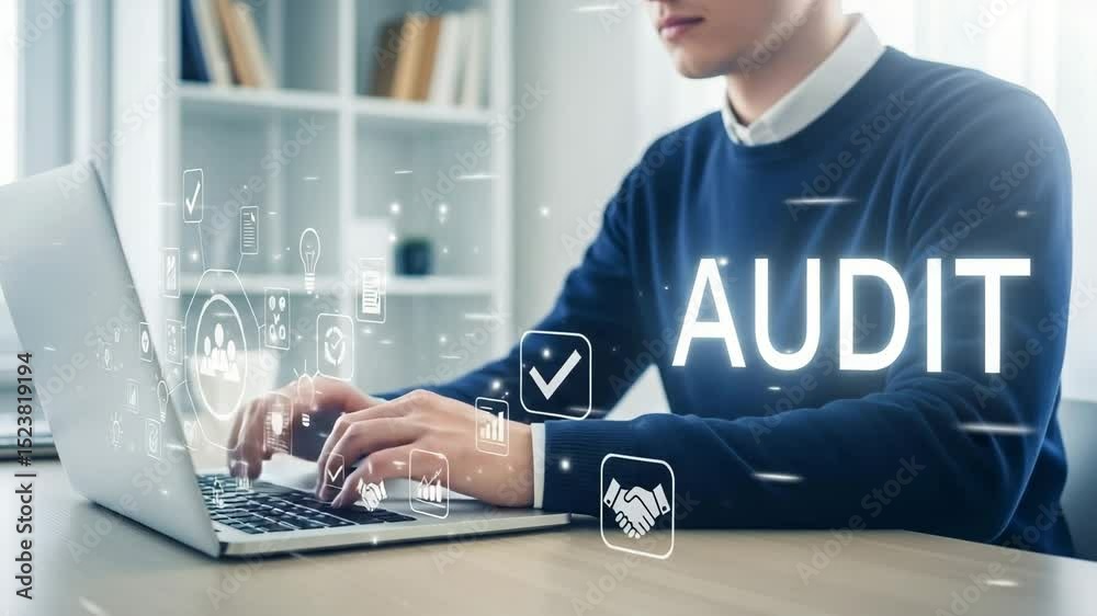 Poster man typing on laptop with audit overlay and business icons in a bright office environment setting