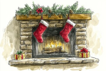 Christmas stockings by the fireplace. AI.