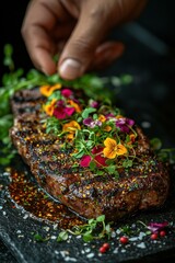 Gourmet steak with edible flowers. AI.