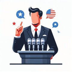 Businessman giving a speech at a podium, confident and persuasive, with speech bubbles in the background