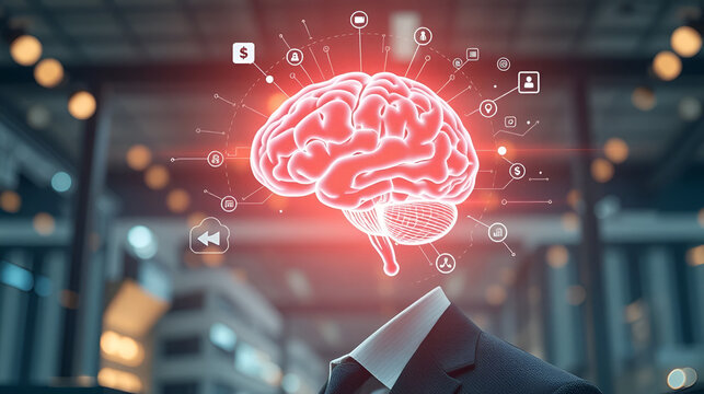 Business concepts. Virtual brain icon, virtual world, a modern futuristic businessman, digital marketing commerce online sale, businessman or politicizes, modern scene of financial analysis.